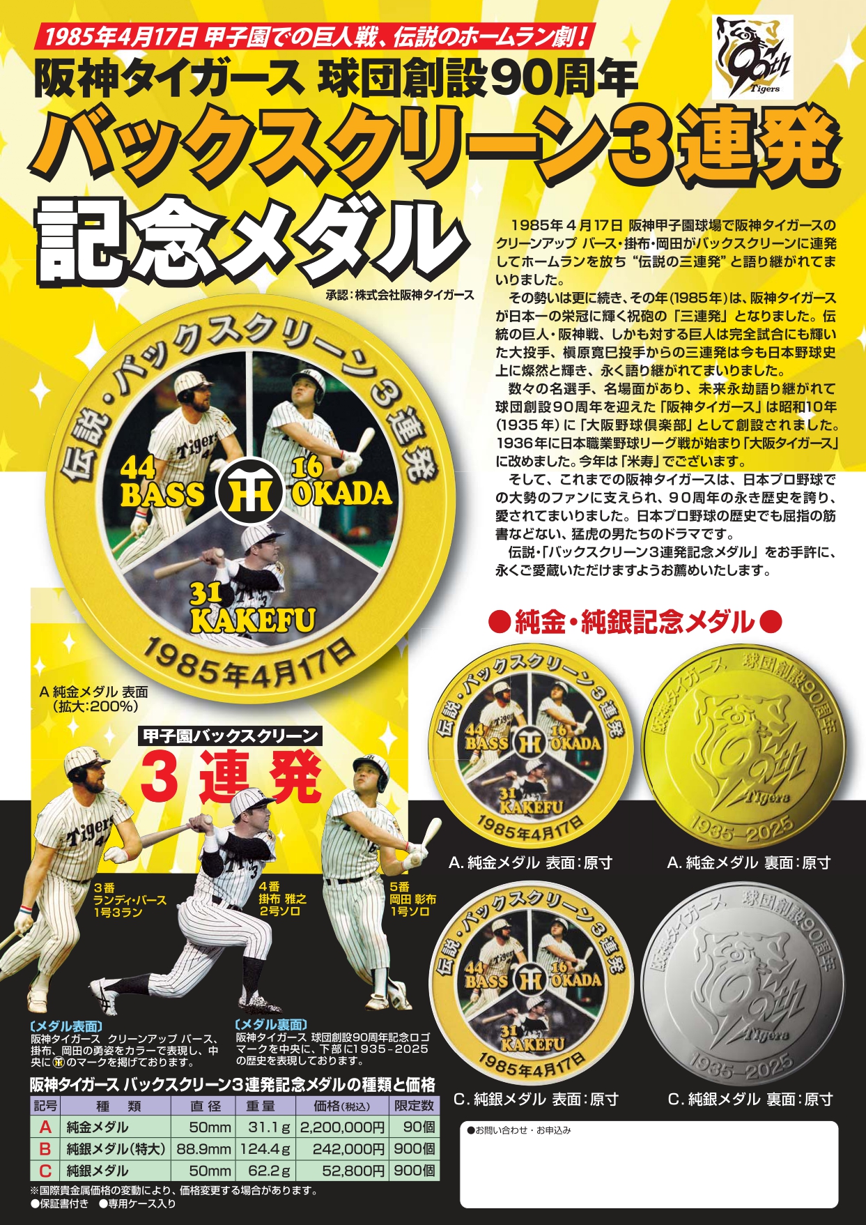 阪神タイガース 球団創設90周年 バックスクリーン3連発記念メダル　B:純銀メダル特大